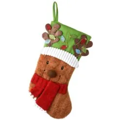 National Tree Company Be Merry Collection Novelty Teddy Bear Christmas Stocking, Red Scarf And Green Hat, Fluffy Polyester, 20 In
