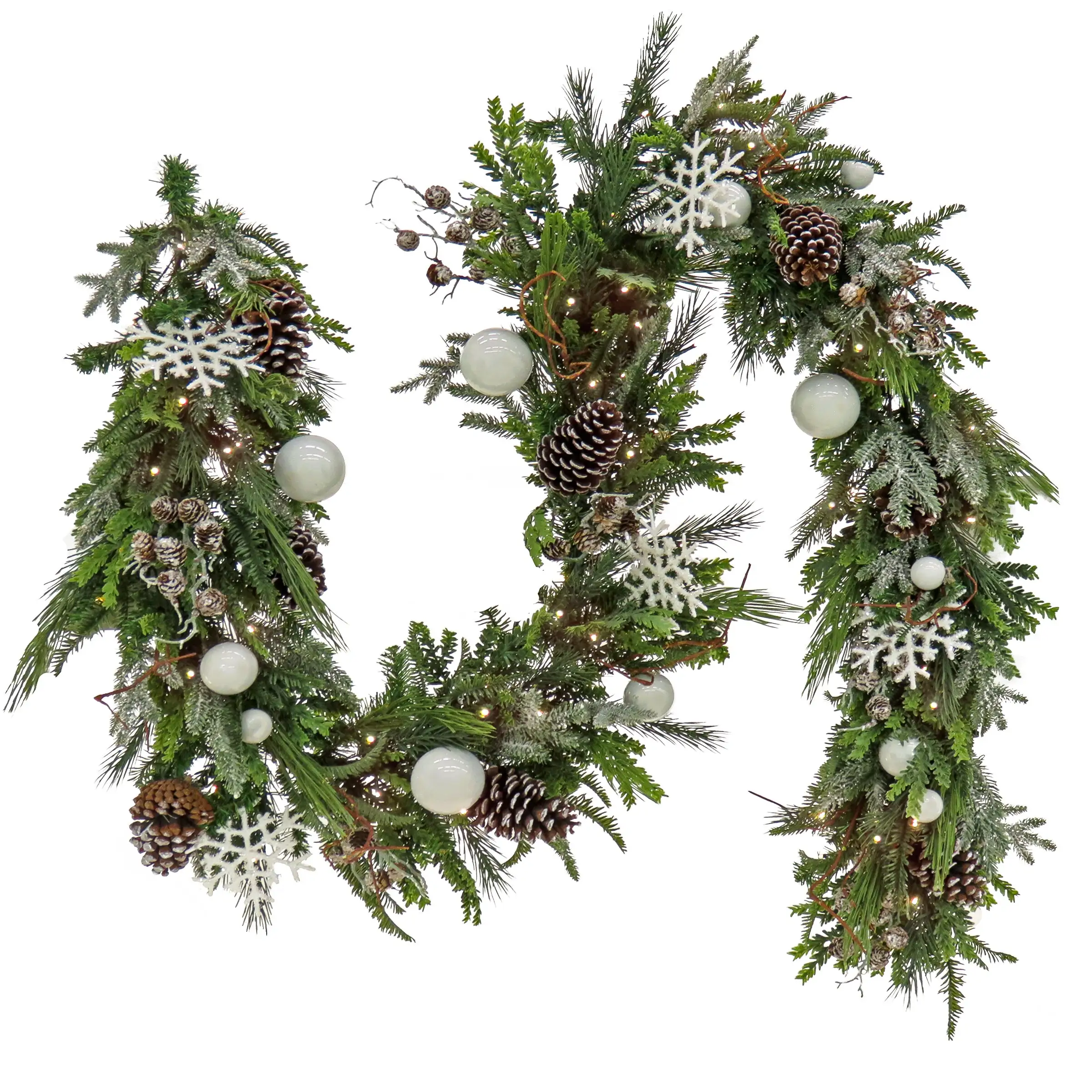 National Tree Company Pre Lit Artificial Garland, Alpine, Green, Decorated With White Ball Ornaments, Snow Flakes, Berry Clusters, Warm White LED Lights, Battery Powered, Christmas Collection, 9 Feet