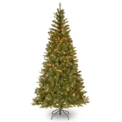 National Tree Company Pre-Lit Artificial Slim Christmas Tree, Green, Aspen Spruce, White Lights, Includes Stand, 7 Feet
