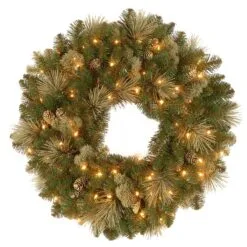 National Tree Company Pre-Lit Artificial Christmas Wreath, Green, Carolina Pine, White Lights, Decorated With Pine Cones, Christmas Collection, 24 Inches