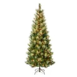 National Tree Company First Traditions Pre-Lit Charleston Pine Snowy Slim Christmas Tree, Clear Incandescent Lights, Plug In, 7.5 Ft