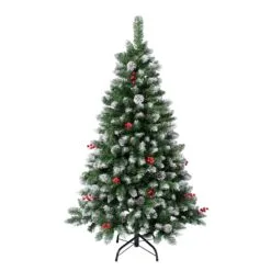 National Tree Company First Frosted Traditions Christmas Tree With Hinged Branches, Pinecones And Red Berries, 4.5 Ft