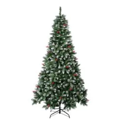 National Tree Company First Frosted Traditions Christmas Tree With Hinged Branches, Pinecones And Red Berries, 7.5 Ft