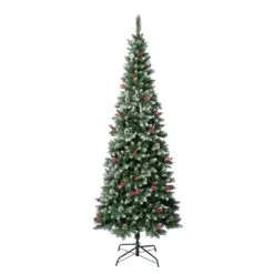 National Tree Company First Frosted Traditions Slim Christmas Tree With Hinged Branches, Pinecones And Red Berries, 7.5 Ft