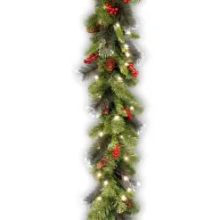 National Tree Company Pre Lit Artificial Garland, Crestwood Spruce, Green, Decorated With Pine Cones, Red Berry Clusters, Multifunctional Twinkling LED Lights, Plug In, Christmas Collection, 9 Feet
