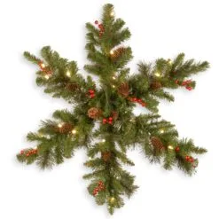 National Tree Company Pre-Lit Artificial Christmas Hanging Snowflake, Green, Crestwood Spruce, Decorated With Pine Cones, Berry Clusters, Christmas Collection, 32 Inches