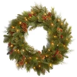 National Tree Company 30in Decorative Collection Noble Mixed Wreath With Battery Operated Warm White LED Lights