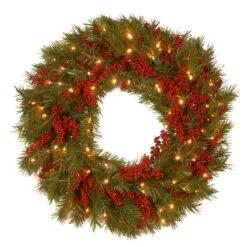 National Tree Company Pre-Lit Artificial Christmas Wreath, Green, Valley Pine, White Lights, Decorated With Berry Clusters, Christmas Collection, 24 Inches