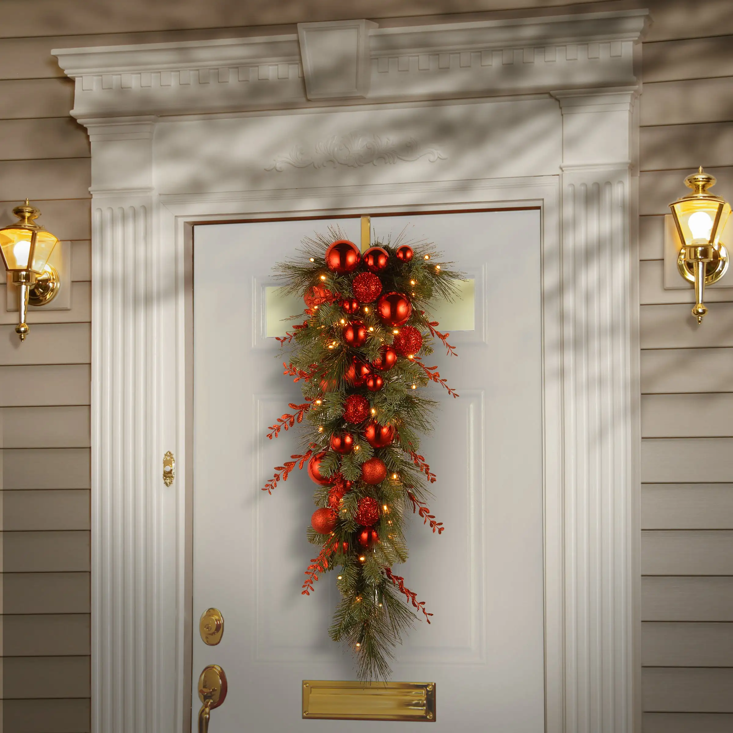 National Tree Company Pre-Lit Artificial Christmas Teardrop, Green, Evergreen, White Lights, Decorated With Red Ball Ornaments, Branches, Christmas Collection, 36 Inches - Image 2