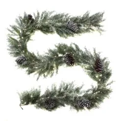 National Tree Company Pre Lit Artificial Garland, Snowy Christmas, Green, Frosted, Decorated With Frosted Pine Cones, Pure White LED Lights, Battery Powered, Christmas Collection, 9 Feet