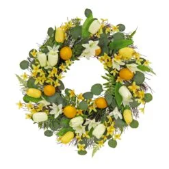 National Tree Company Artificial Wreath Decoration, Yellow, Woven Branch Base, Decorated With Tulip Blooms, Lemons, Flower Blossoms, Flowing Green Stems, Spring Collection, 22 Inches