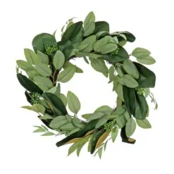 National Tree Company Artificial Wreath Decoration, Green, Woven Branch Base, Decorated With Eucalyptus Leaves, Magnolia Blooms, Flowing Green Stems, Spring Collection, 22 Inches