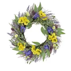 National Tree Company Artificial Wreath Decoration, Yellow, Woven Branch Base, Decorated With Pansy Blooms, Lavender, Assorted Blossoms, Flowing Green Stems, Spring Collection, 22 Inches