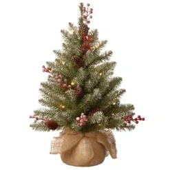 National Tree Company Pre-Lit Artificial Mini Christmas Tree, Green, Dunhill Fir, White Lights, Decorated With Pine Cones, Berry Clusters, Frosted Branches, Includes Cloth Bag Base, 2 Feet