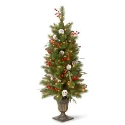 National Tree Company Pre-Lit Artificial Entrance Christmas Tree, Frosted Berry Pine, Green, White Lights, Decorated With Berry Clusters, Pine Cones, Includes Metal Base, 4 Feet