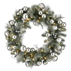 National Tree Company Pre-Lit Artificial Christmas Wreath, Green, Snowy Silver Pine, White Lights, Decorated With Ball Ornaments, Berry Clusters, Christmas Collection, 30 Inches