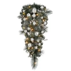 National Tree Company Pre-Lit Artificial Christmas Teardrop, Green, Silver Pine, White Lights, Decorated With Ball Ornaments, Berry Clusters, Christmas Collection, 36 Inches
