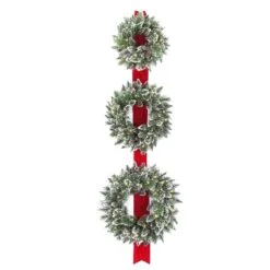 National Tree Company Artificial Christmas Three Wreath Ribbon Door Decoration, Green, White Lights, Decorated With Frosted Branches, Christmas Collection, 77 Inches