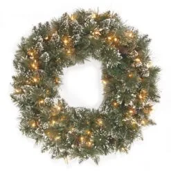 National Tree Company Pre-Lit Artificial Christmas Wreath, Green, Glittery Bristle Pine, White Lights, Decorated With Frosted Branches, Pine Cones, Christmas Collection, 24 Inches