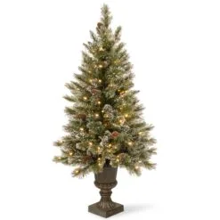 National Tree Company Pre-Lit Artificial Entrance Christmas Tree, Green, Glittery Bristle Pine, White LED Lights, Flocked With Pine Cones, Frosted Branches, Includes Decorative Urn Base, 5 Feet