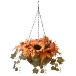 National Tree Company 18" Hanging Basket With Ivy Leaves, 3 Sunflowers, 3 Cones, 3 Berries, 3 Gourds & 1 Pumpkin
