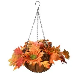 National Tree Company 18" Hanging Basket With Maple Leaves, 3 Sunflowers, 3 Cones, 3 Berries & 1 Pumpkin