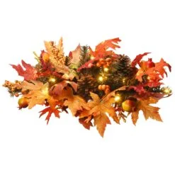 National Tree Company Artificial Pre-Lit Fall Centerpiece, Decorated With Pinecones, Fruit, Berry Clusters, Maple Leaves, LED Lights, Autumn Collection, 24 In