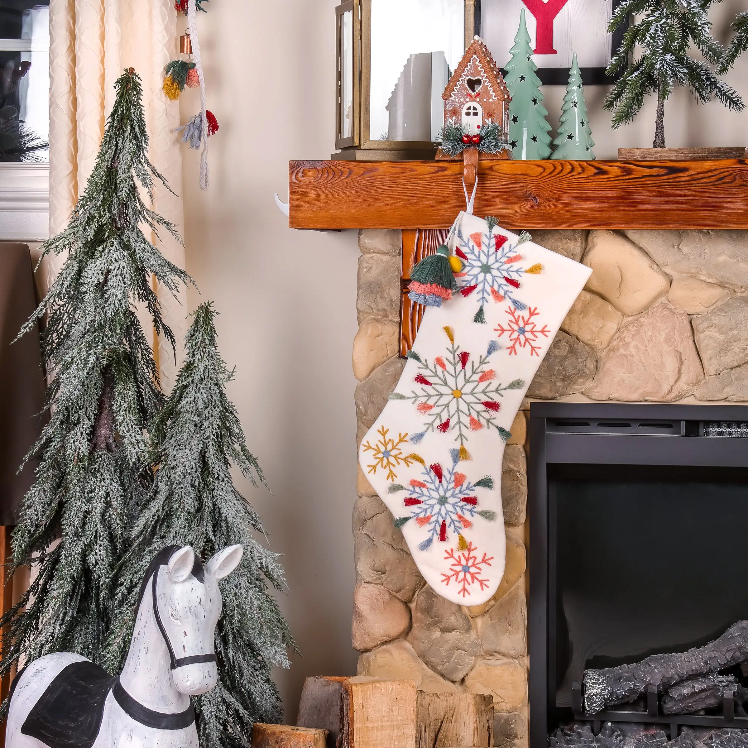 National Tree Company 20" HGTV Home Collection Boho Snowflake Stocking - Image 2