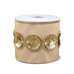 National Tree Company 4" HGTV Home Collection Sequin Beaded Taffeta Ribbon, Beige
