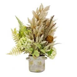 National Tree Company Artificial Potted Plant Table Decoration, White, Decorated With Hydrangea Blooms, Assorted Palms, Spring Collection, 33 Inches