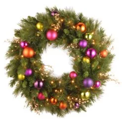 National Tree Company Pre-Lit Artificial Christmas Wreath, Green, Kaleidoscope, White Lights, Decorated With Berry Clusters, Ball Ornaments, Christmas Collection, 30 Inches