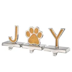 National Tree Company Gold Sparkle JOY Christmas Stocking Holders, Gold And Silver With Paw Print, 3 Pieces, 5 In