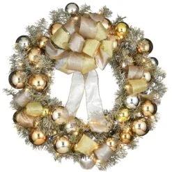 National Tree Company, Pre-Lit Artificial Christmas Wreath, Gold Ornament Metallic, With Warm White LED Lights, Battery Powered, 28 In