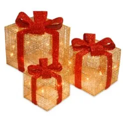 National Tree Company Pre-Lit Gold Gift Boxes, Set Of Three, White Lights, Christmas Collection