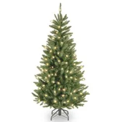National Tree Company Pre-Lit Artificial Slim Christmas Tree, Green, Natural Fraser Fir, White Lights, Includes Stand, 4.5 Feet