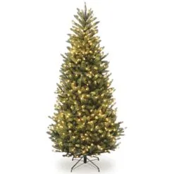 National Tree Company Pre-Lit Artificial Slim Christmas Tree, Green, Natural Fraser Fir, White Lights, Includes Stand, 7 Feet