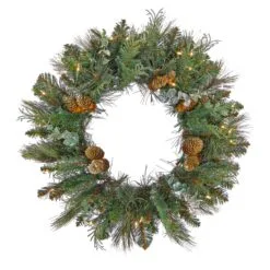 National Tree Company First Traditions™ Collection, 30" Pre-Lit Artificial North Conway Wreath With Glittery Cones And Eucalyptus, 100 Warm White LED Lights- Battery Operated With Timer