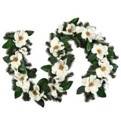 National Tree Company Artificial Garland North Valley Spruce, Green, Decorated With Magnolia Flower Blooms, Christmas Collection, 6 Feet