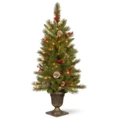 National Tree Company Pre-Lit Artificial Entrance Christmas Tree, Bristle Berry Pine, Green, White Lights, Decorated With Berry Clusters, Pine Cones, Includes Metal Base, 4 Feet