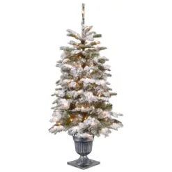 National Tree Company Pre-Lit Artificial Entrance Christmas Tree, Snowy Camden, Green, White Lights, Includes Metal Base, 4 Feet