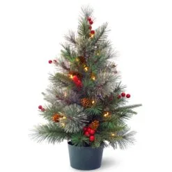 National Tree Company Pre-Lit Artificial Christmas Tree, Green, Colonial Fir, White LED Lights, Decorated With Berry Clusters, Pine Cones, Includes Pot Base, Battery Operated, 2 Feet
