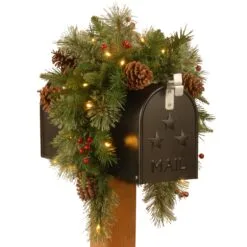 National Tree Company Pre-Lit Artificial Mailbox Swag Decoration, Green, Colonial Fir, LED Lights, Decorated With Pine Cones, Berry Clusters, Christmas Collection, 3 Feet