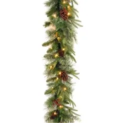 National Tree Company Pre-Lit 'Feel Real' Artificial Christmas Garland, Green, Colonial Fir, Dual Color LED Lights, Decorated With Pine Cones, Plug In, Christmas Collection, 9 Feet