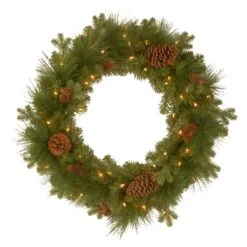 National Tree Company Pre-Lit Artificial Christmas Wreath, Green, Eastwood Spruce, White Lights, Decorated With Pine Cones, Christmas Collection, 24 Inches