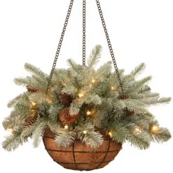 National Tree Company Pre-Lit 'Feel Real' Artificial Christmas Hanging Basket, Arctic Spruce, Decorated With Frosted Pine Cones, White Lights, Christmas Collection, 20 Inches