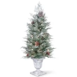 National Tree Company Pre-Lit Artificial Entrance Christmas Tree, Frosted Mountain Spruce, Green, White Lights, Decorated With Berry Clusters, Pine Cones, Includes Metal Base, 4 Feet