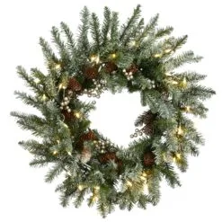 National Tree Company Pre-Lit Artificial Christmas Wreath, Green, Snowy Morgan Spruce, White LED Lights, Decorated With Pine Cones, Christmas Collection, 24 Inches