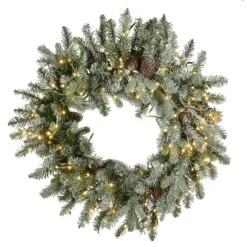 National Tree Company Pre-Lit Artificial Christmas Wreath, Green, Snowy Morgan Spruce, Dual Color LED Lights, Decorated With Pine Cones, Christmas Collection, 24 Inches