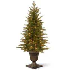 National Tree Company Pre-Lit 'Feel Real' Artificial Mini Entrance Christmas Tree, Green, Nordic Spruce, White Lights, Includes Decorative Urn Base, 4 Feet