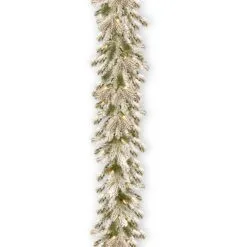 National Tree Company Pre Lit Artificial Garland, Snowy Sheffield, Green, Frosted, Decorated With Multifunctional Twinkling LED Lights, Plug In, Christmas Collection, 9 Feet